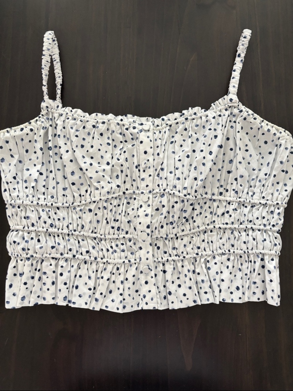 J.Crew Re-Imagined White and Navy Polka Dot Smocked Cami Top.
